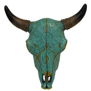 Tribal Tooled Flower Turquoise Steer Skull